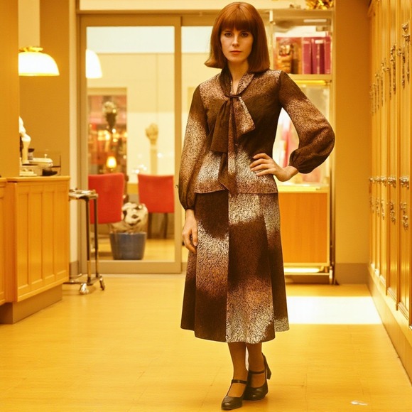Vintage 1970s Brown Leopard Print Union Made Polyester Blouse & Skirt Set... - Picture 1 of 13